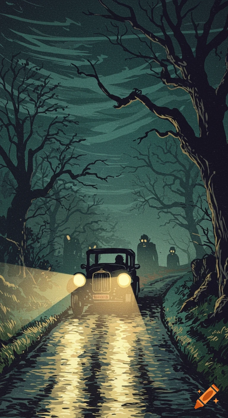 Retro horror illustration of a vintage car on a dark, wet road at night, surrounded by gnarled trees and glowing-eyed shadowy figures.