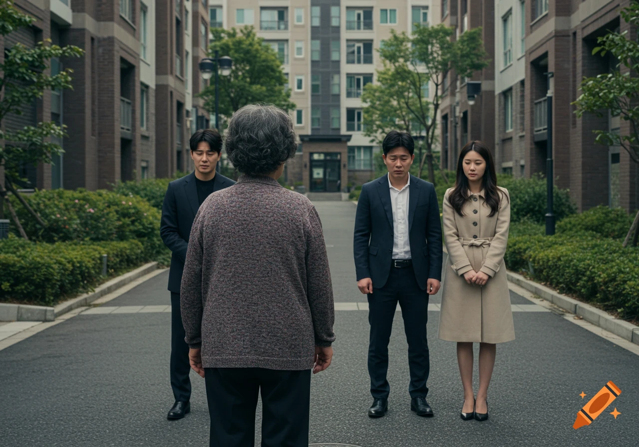 Photorealistic image of an older Korean grandmother turning her back to her three apologetic adult children in an upscale apartment complex.