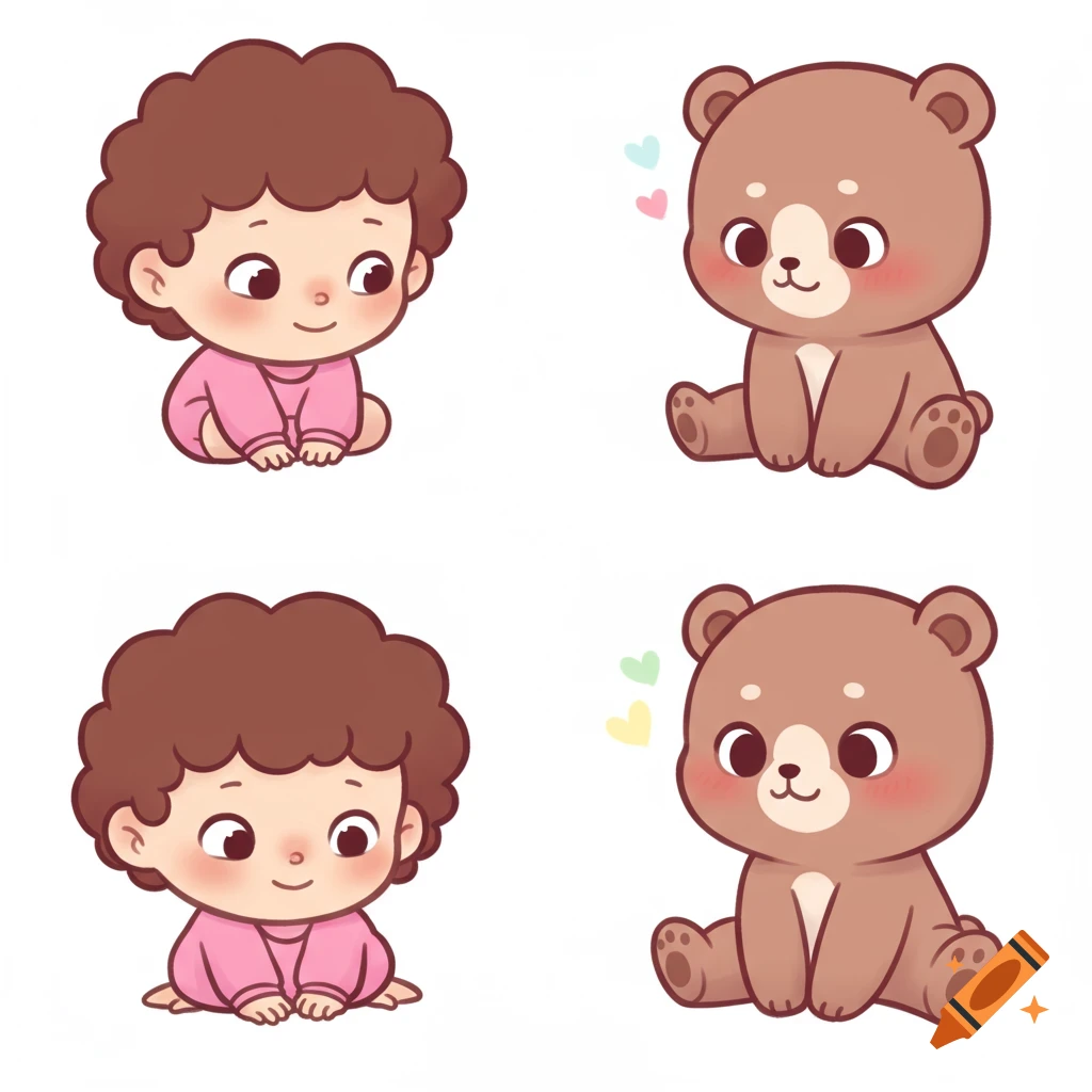 A character sheet with two cute cartoon babies in pink rompers and two stylized brown baby bears, all with big heads and pastel colors.