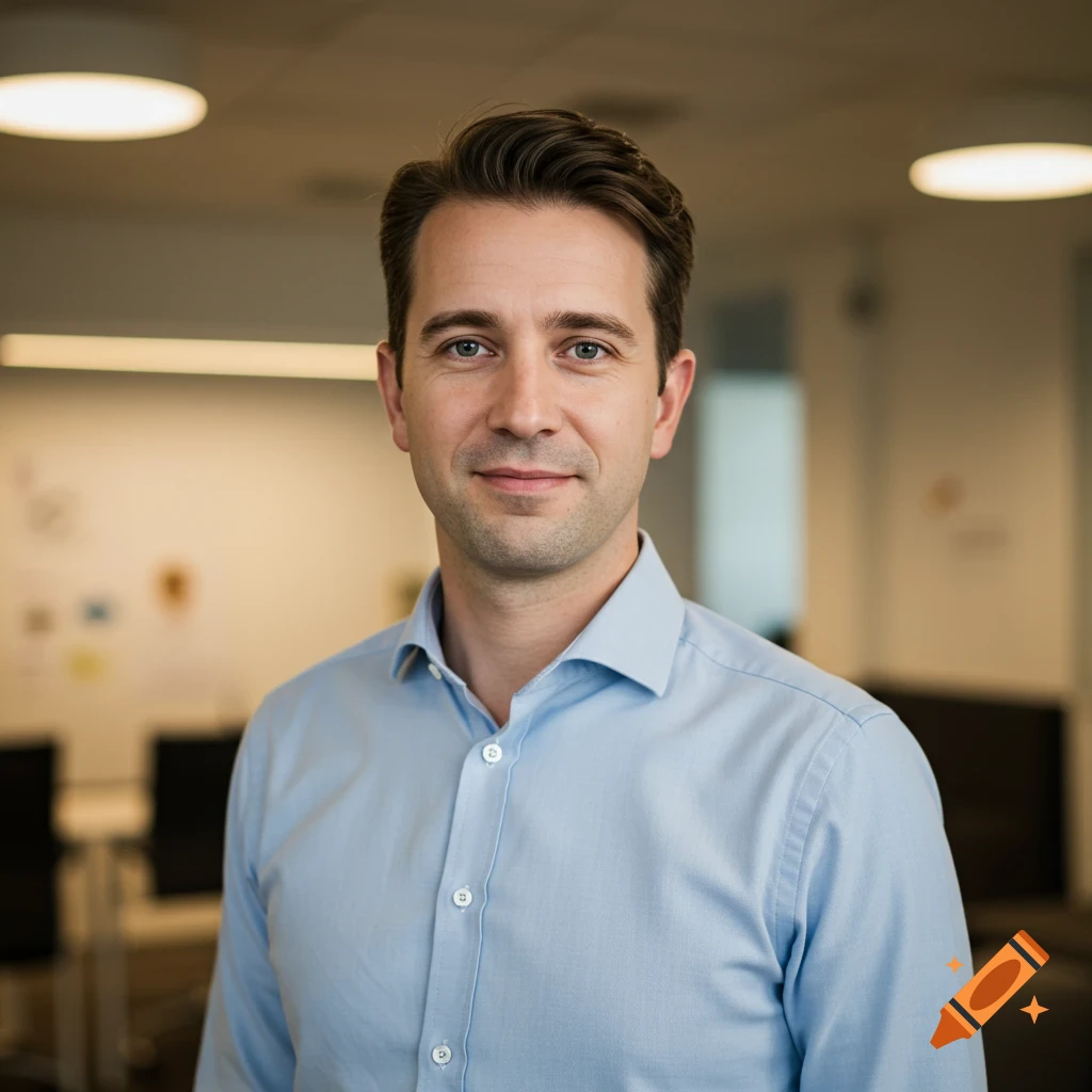 A professional man in a light blue collared shirt smiling subtly, standing in a modern office.