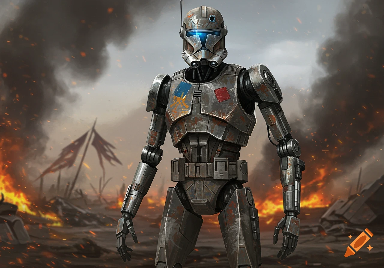 A battle-damaged robot with patchwork armor stands in a fiery, smoke-filled battlefield under a cloudy sky.