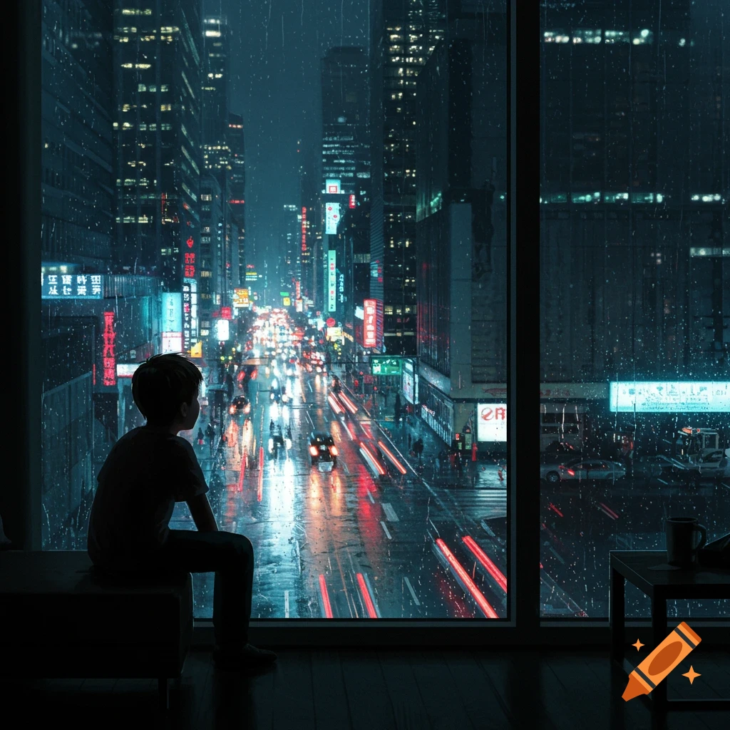A boy in silhouette watches a rainy, neon-lit city street at night from a window, with reflections of cars on the wet road.