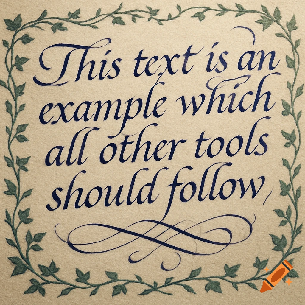 Calligraphic text 'This text is an example which all other tools should follow' on parchment, framed by green leafy vines.
