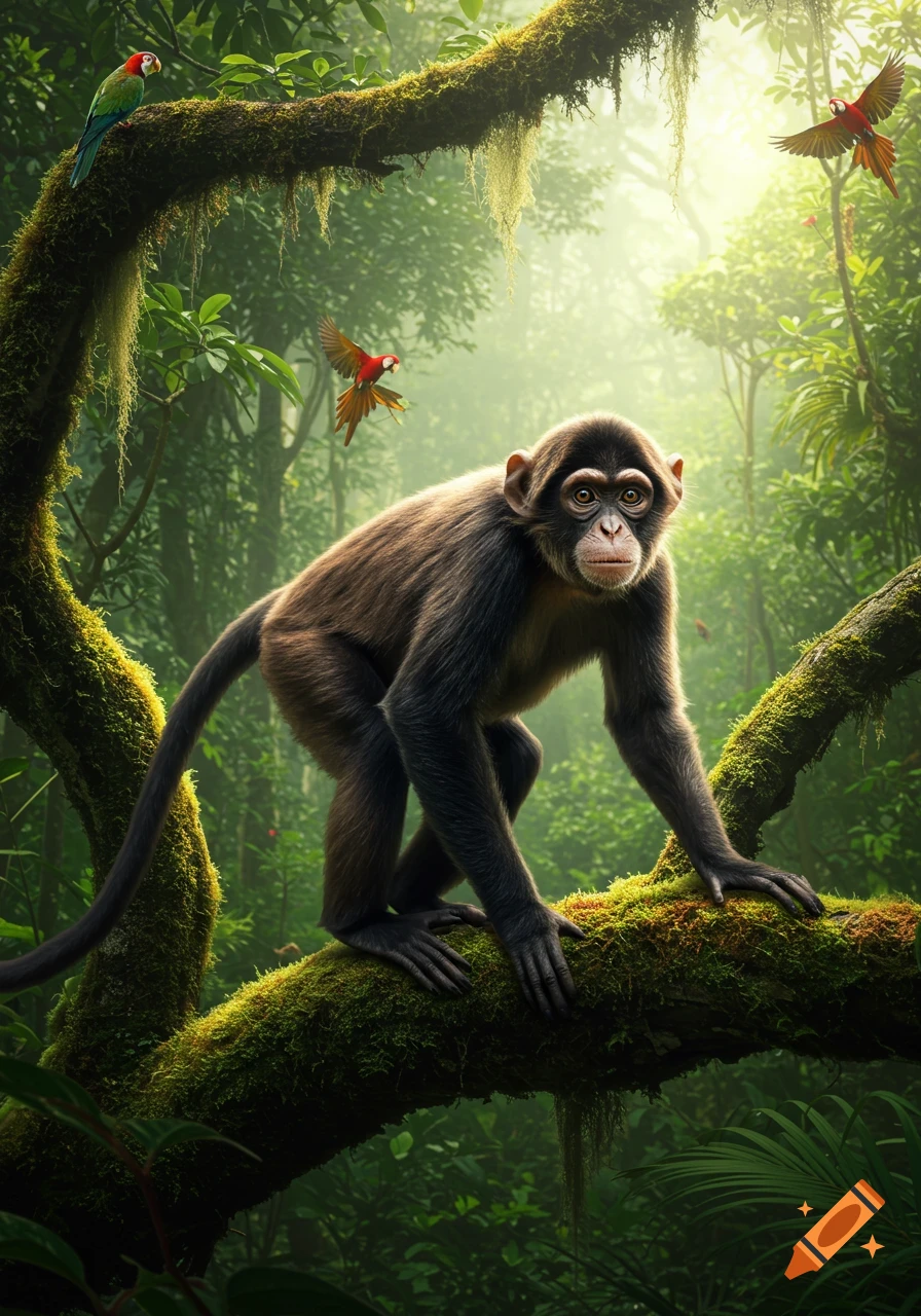 A photorealistic image of a monkey on a mossy tree branch in a lush jungle, with parrots in the background.