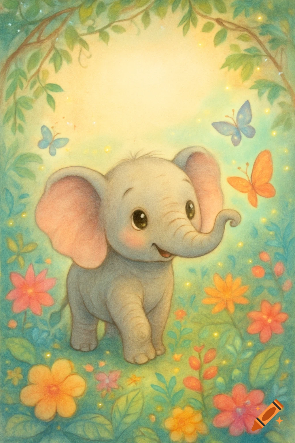 A cute baby elephant with big ears and trunk stands in a magical jungle with colorful flowers and butterflies, in a dreamy children's book illustration style.