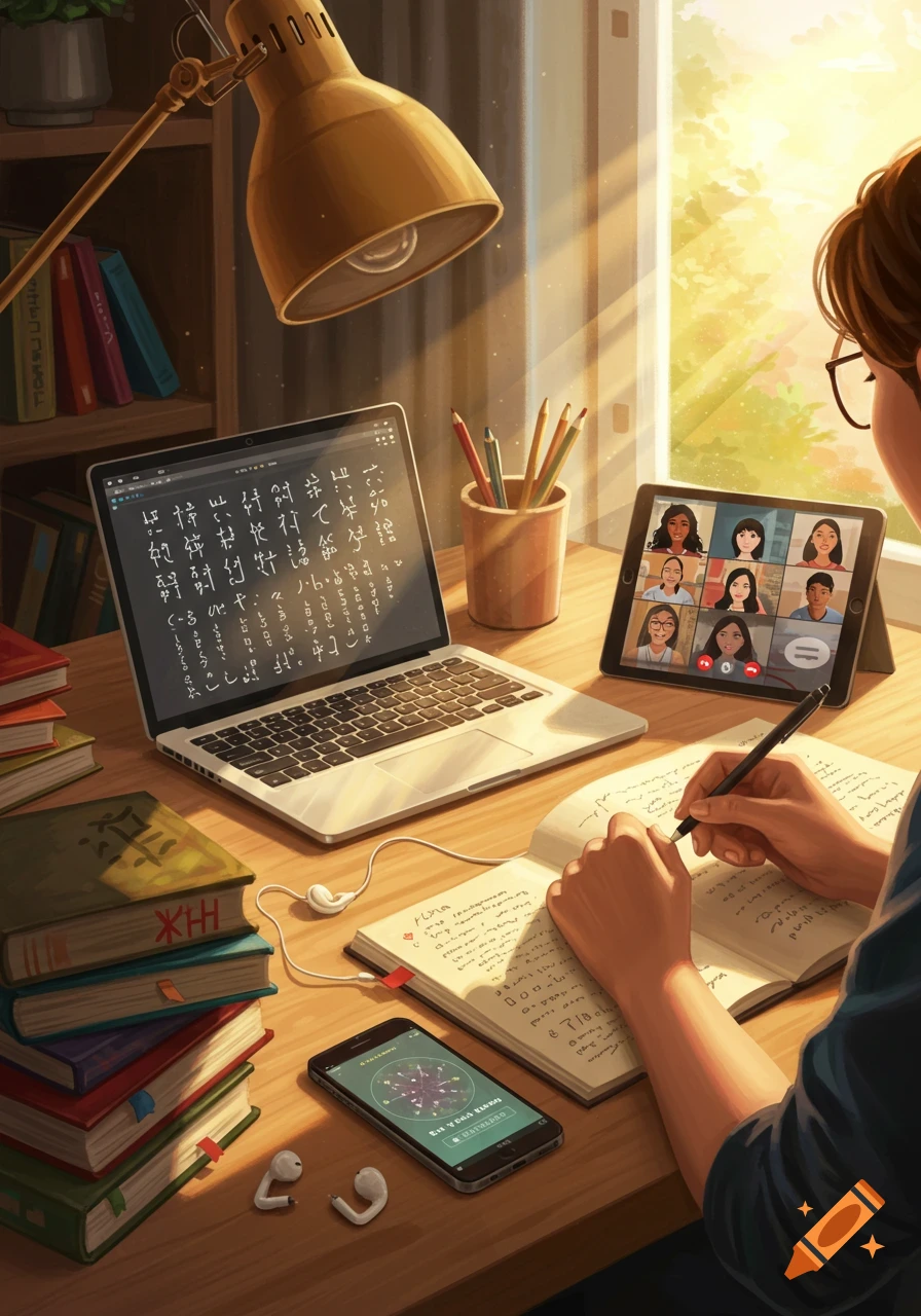 An illustration of a student at a sunlit desk, writing in a notebook, with a laptop, tablet video call, books, and phone nearby.