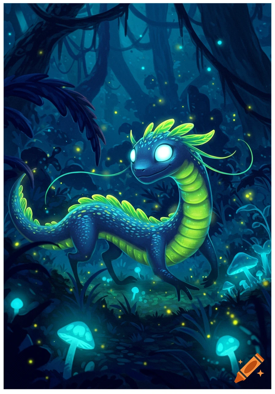A cartoonish blue and green dragon with glowing eyes in a dark, glowing forest with bioluminescent mushrooms.