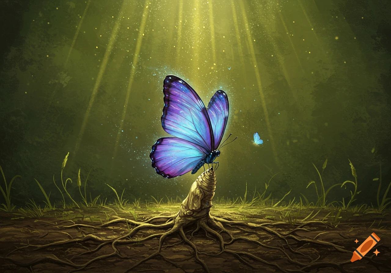 A mystical blue and purple butterfly emerges from a chrysalis, connected to intricate roots, bathed in glowing forest light.