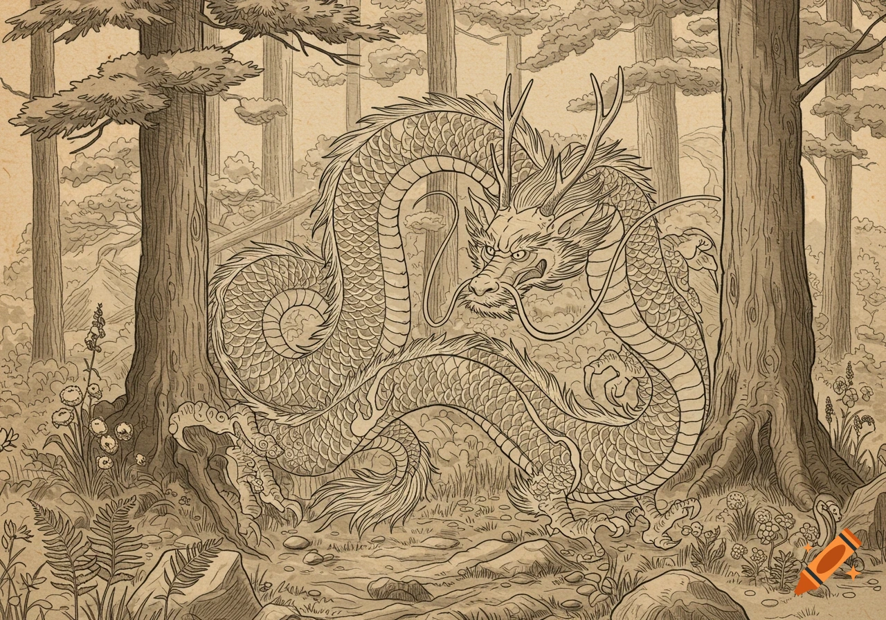 A traditional Japanese dragon intricately drawn in an old engraving style, nestled within a dense forest of tall trees.