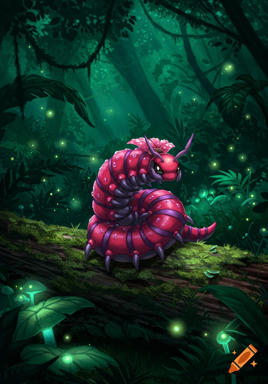 A pink and purple Venipede Pokemon rests on a mossy log in a glowing dark forest, digital illustration.