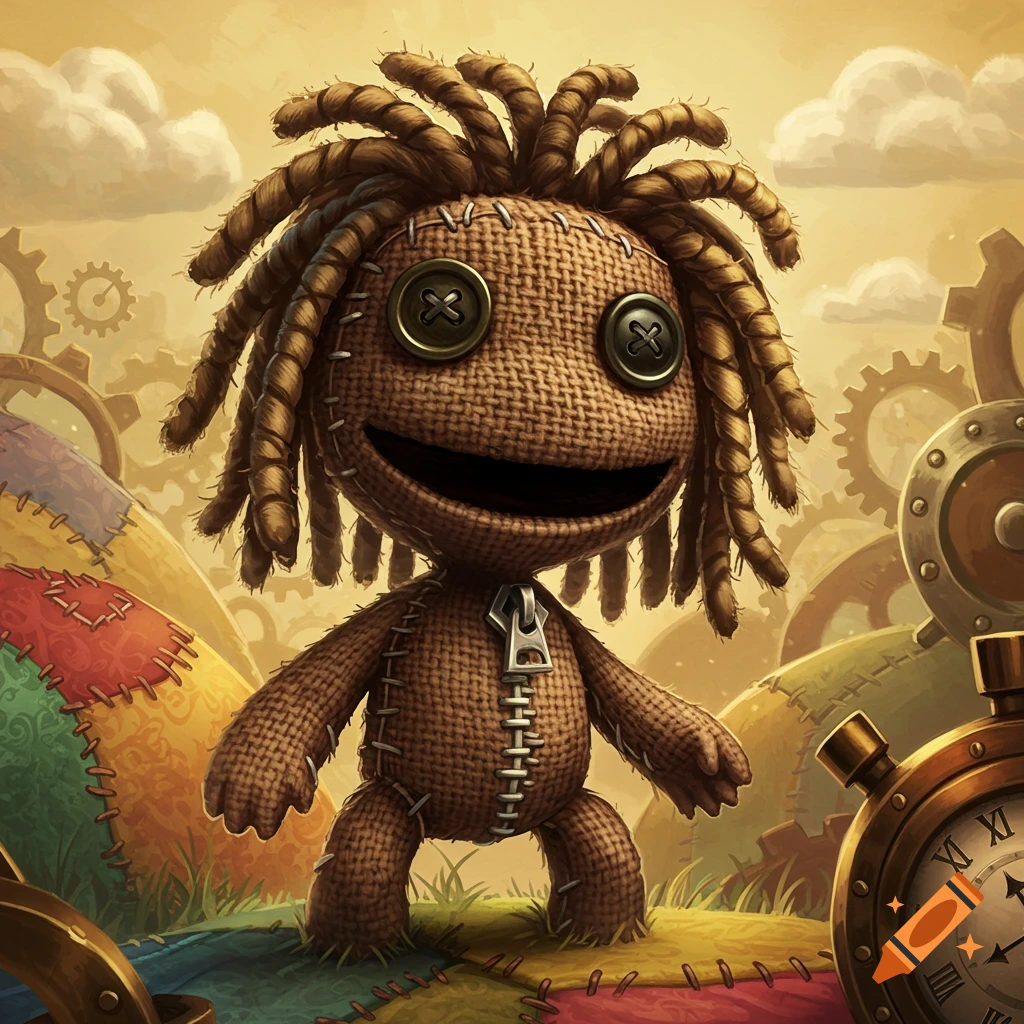 A happy, smiling sackcloth doll with dreadlocks and button eyes stands on a patchwork ground with gears in the whimsical background.