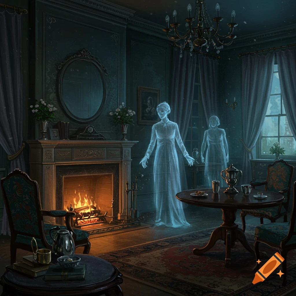 Two translucent ghostly figures stand in a dimly lit, ornate Victorian-era room with a burning fireplace and elegant furniture.