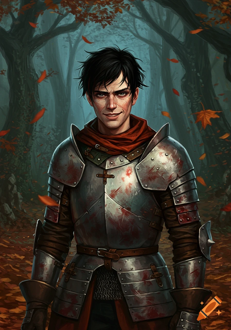 A young, smirking medieval soldier with black messy hair, wearing blood-spattered silver armor and a red scarf, stands in a dark, misty autumn forest.