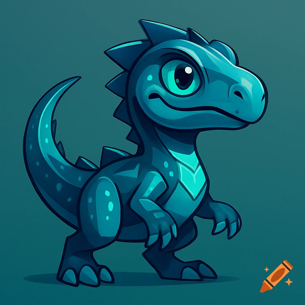A cute, teal, cartoon dinosaur-like creature with large eyes and spikes stands on a dark teal background.