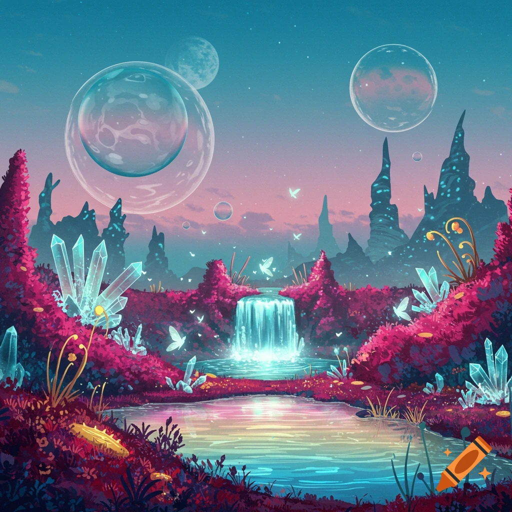Vibrant fantasy landscape with a glowing waterfall, pink foliage, crystals, a reflective lake, and planets in the sky.