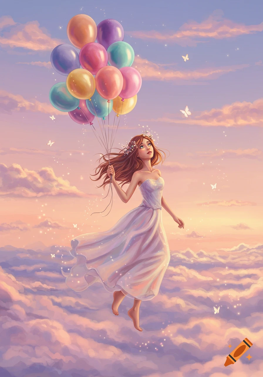 A girl in a white dress and floral crown floats among pastel clouds, holding colorful balloons, with butterflies in a dreamy sky.