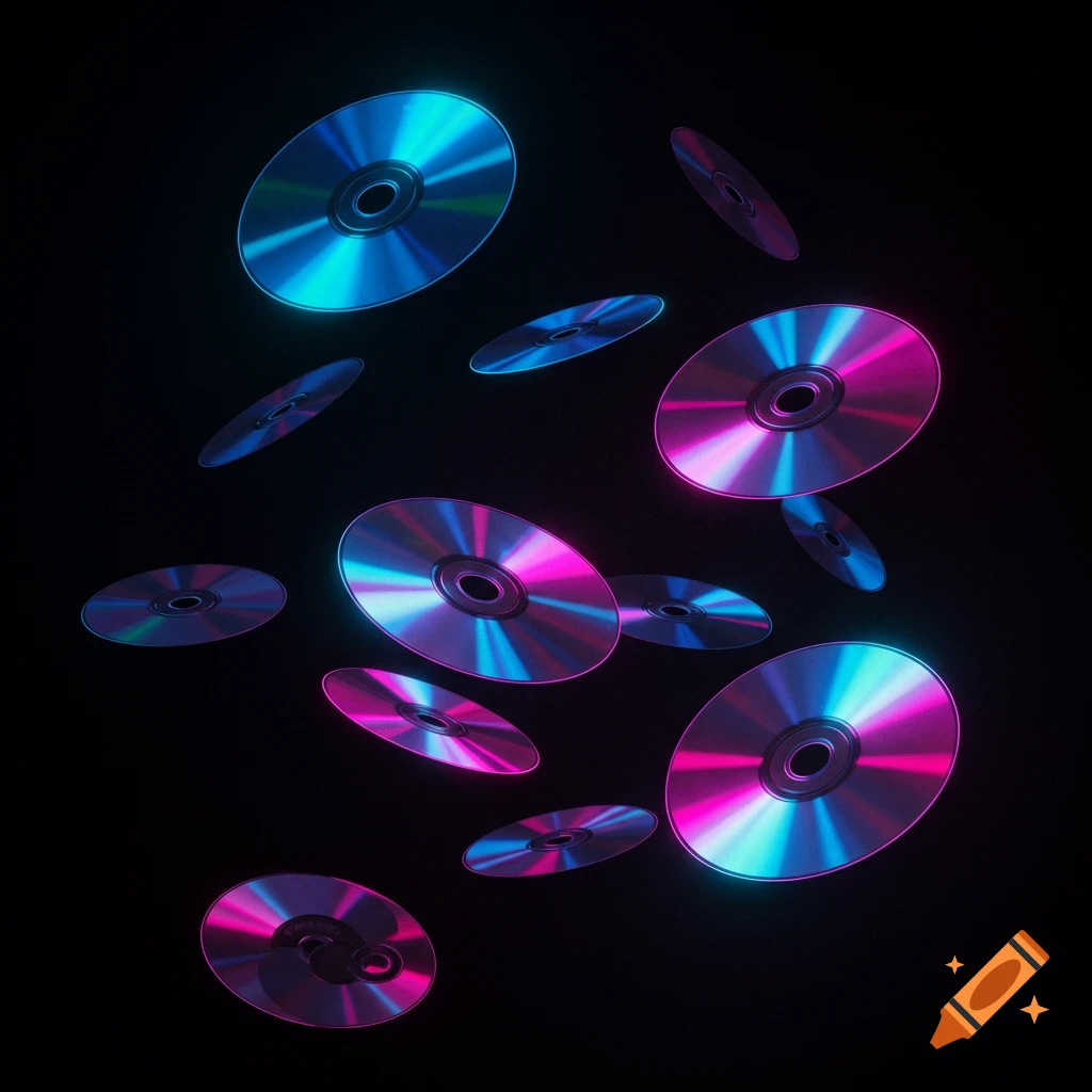 Multiple glowing CD disks in vibrant pink and blue hues scattered against a dark, minimalist background.
