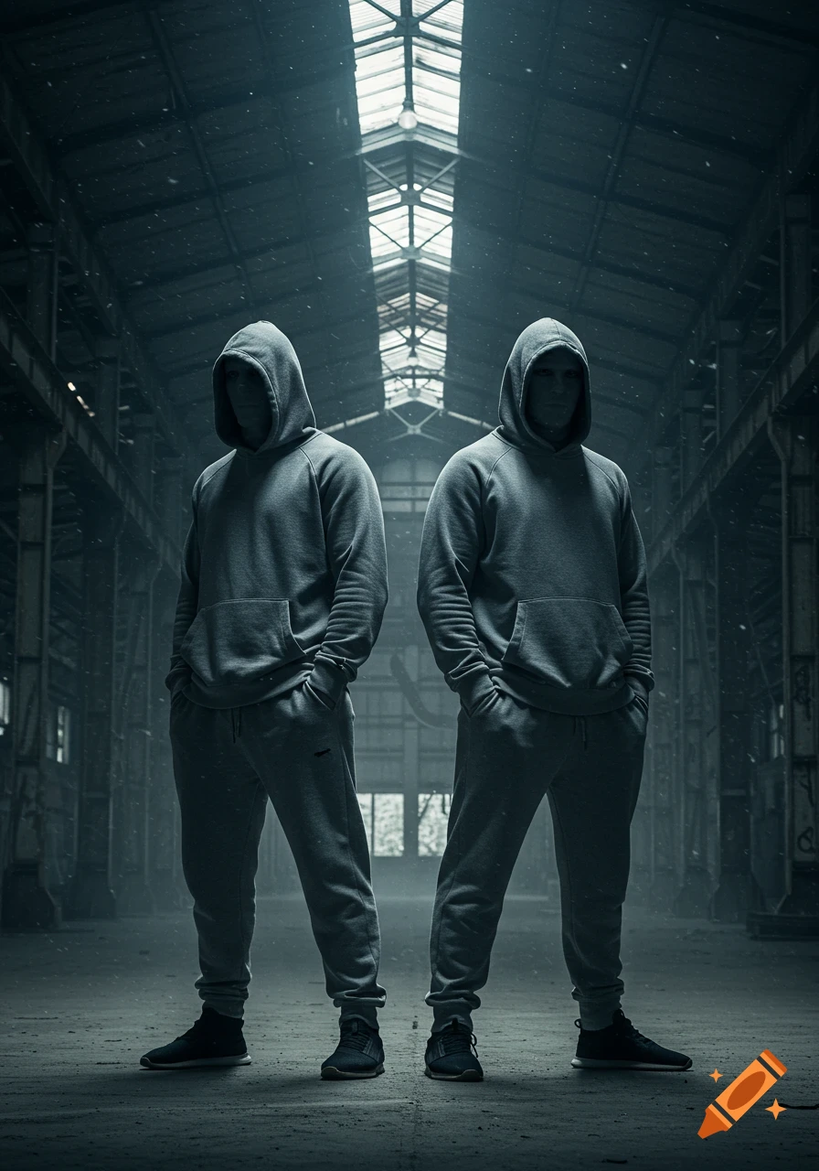 Two shadowy men in gray hoodies and sweatpants stand in a dark, abandoned industrial hall with light filtering from a skylight.