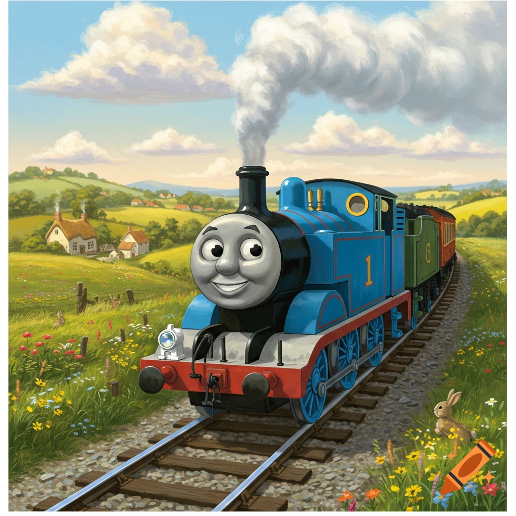 Thomas the Tank Engine smiles on a track through a colorful, flowery field with distant cottages under a blue sky, in a cartoon style.