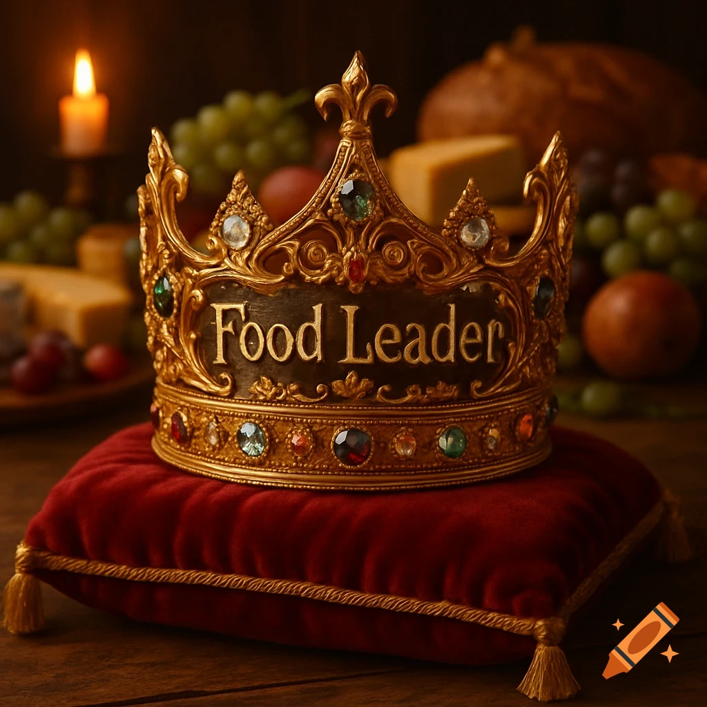 A golden crown with 'Food Leader' inscribed, adorned with jewels, rests on a red velvet cushion. Food and a candle are blurred in the background, photorealistic style.