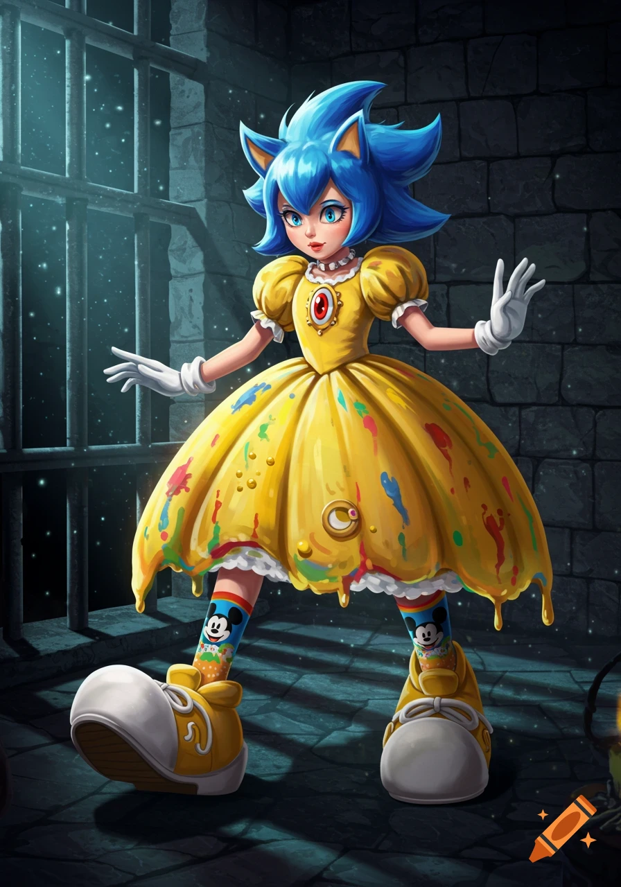 A blue-haired princess with Sonic-like hair in a paint-splattered yellow dress, Mickey Mouse socks, and large shoes, stands in a dark prison cell.