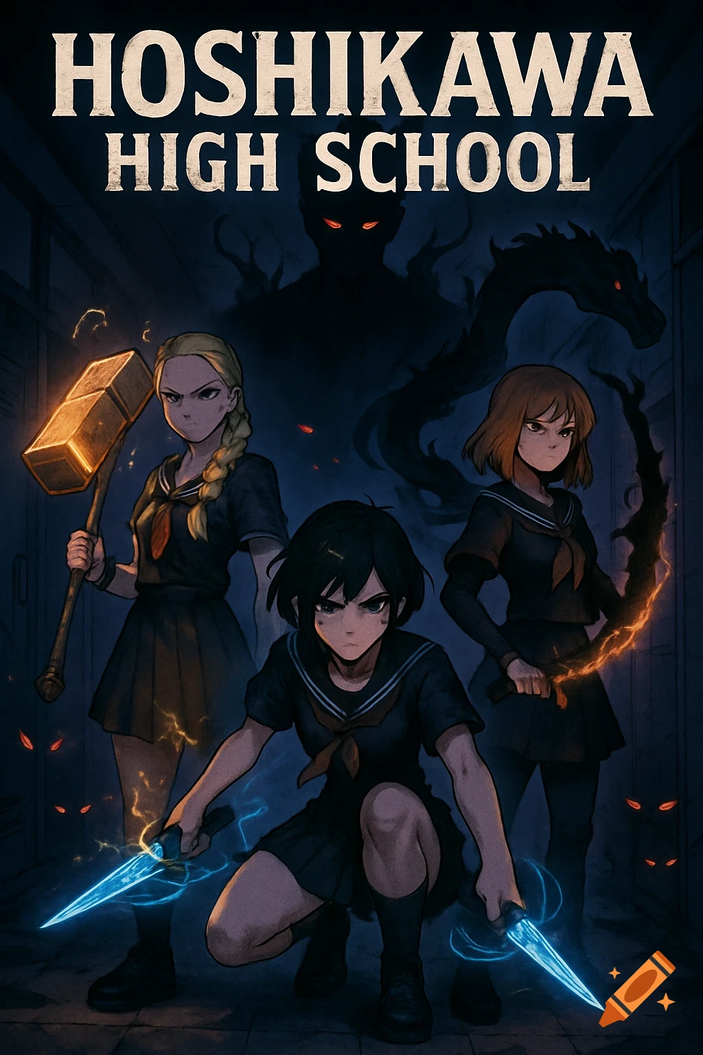 Three anime-style girls in school uniforms, wielding glowing weapons, stand in a dark, eerie high school hallway with shadowy figures and glowing red eyes in the background. The title "HOSHIKAWA HIGH SCHOOL" is at the top.