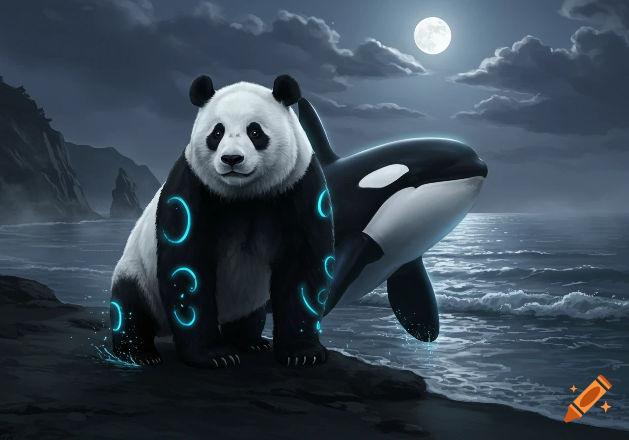A fantasy illustration of a panda with glowing blue markings next to an orca in a moonlit ocean scene.