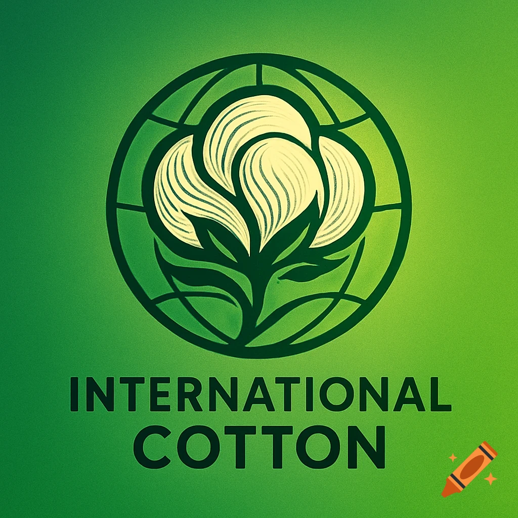 A green logo for International Cotton features a stylized white cotton plant inside a dark green globe symbol.