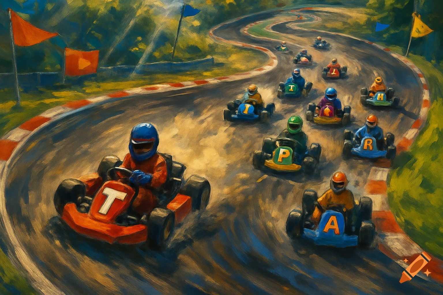 An oil painting of a vibrant go-kart race with several karts on a winding track under a bright sky.