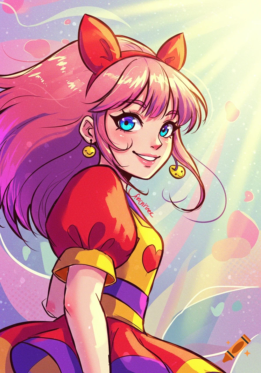 Anime girl with pink hair, red bows, blue eyes, and a colorful dress smiling against a bright, dreamy background.
