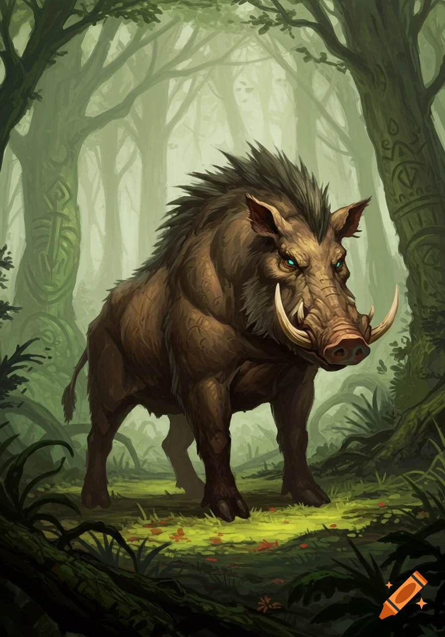 A majestic, bristly wild boar with glowing blue eyes stands in a vibrant, misty fantasy forest. Digital painting.