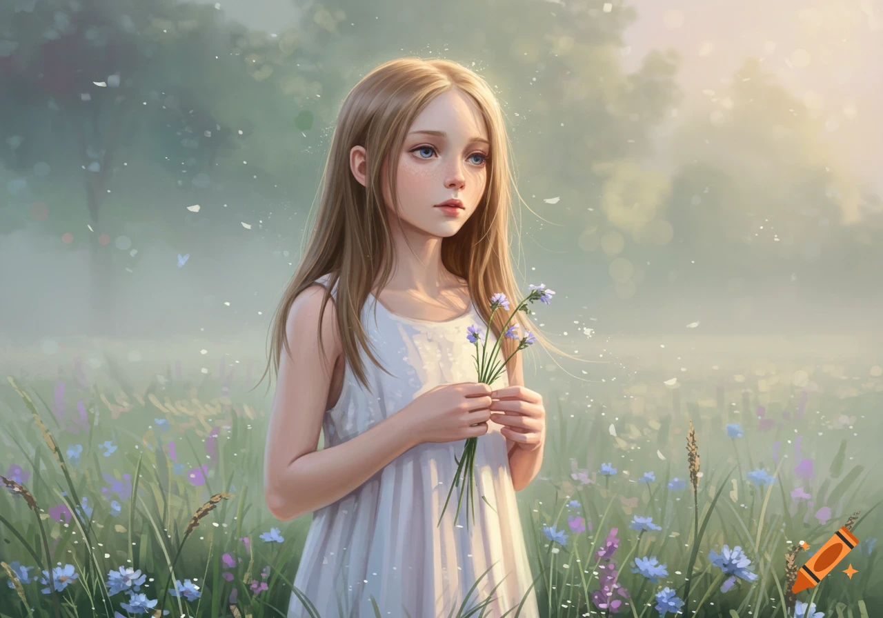A young girl with long light brown hair in a white dress holds purple flowers in a sunny, dreamy meadow.