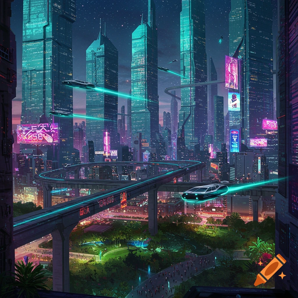 A vibrant, neon-lit futuristic city at night with towering skyscrapers, flying vehicles, and elevated tracks.