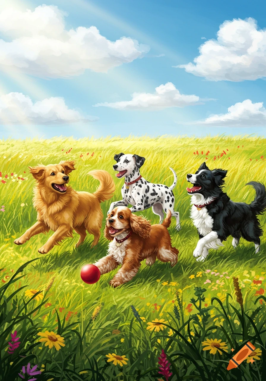 Four happy illustrated dogs, including a Golden Retriever, Dalmatian, and Border Collie, run and play with a red ball in a sunny, flower-filled grassy field.