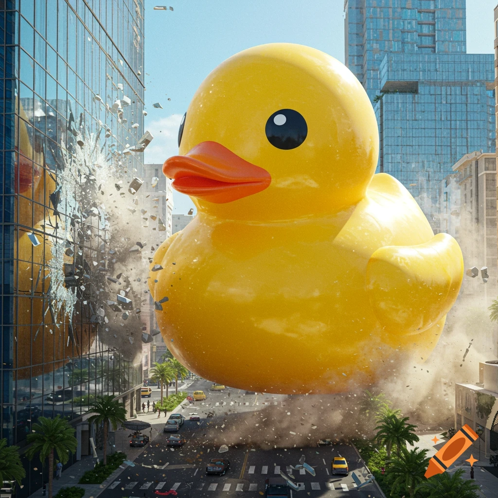 A huge yellow rubber duck crushes a glass skyscraper in a photorealistic city scene.
