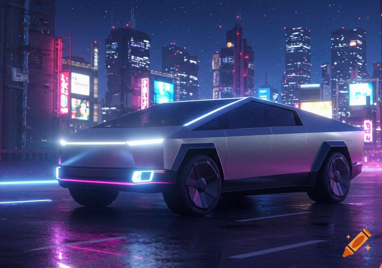 A futuristic, angular car with glowing lights parked on a wet street in a neon-lit cyberpunk city at night.