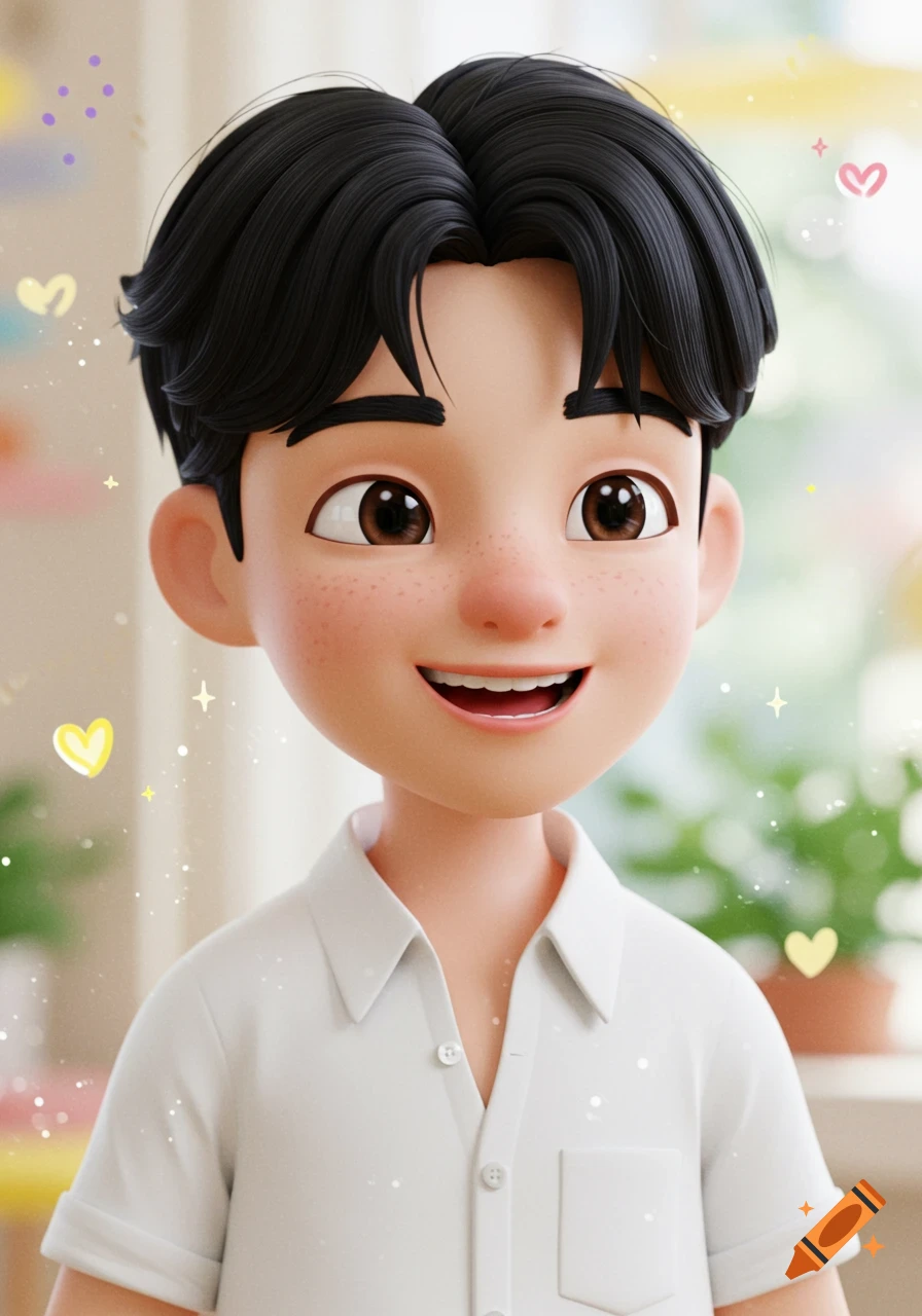 A smiling animated boy with black hair, brown eyes, and freckles, wearing a white collared shirt, in a bright Pixar style.
