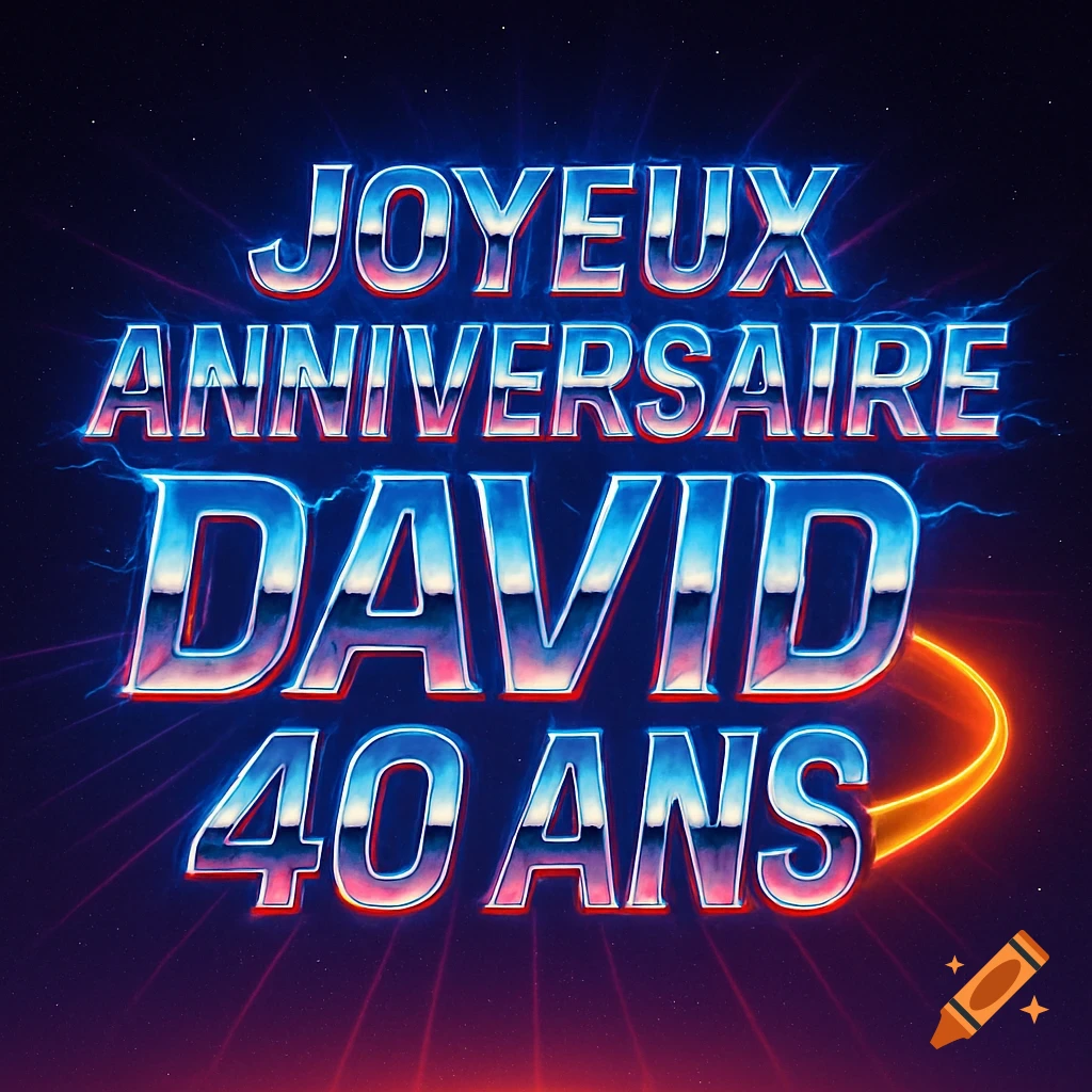 Retro-futuristic text "Joyeux Anniversaire David 40 Ans" with glowing blue and red chrome letters against a starry background.