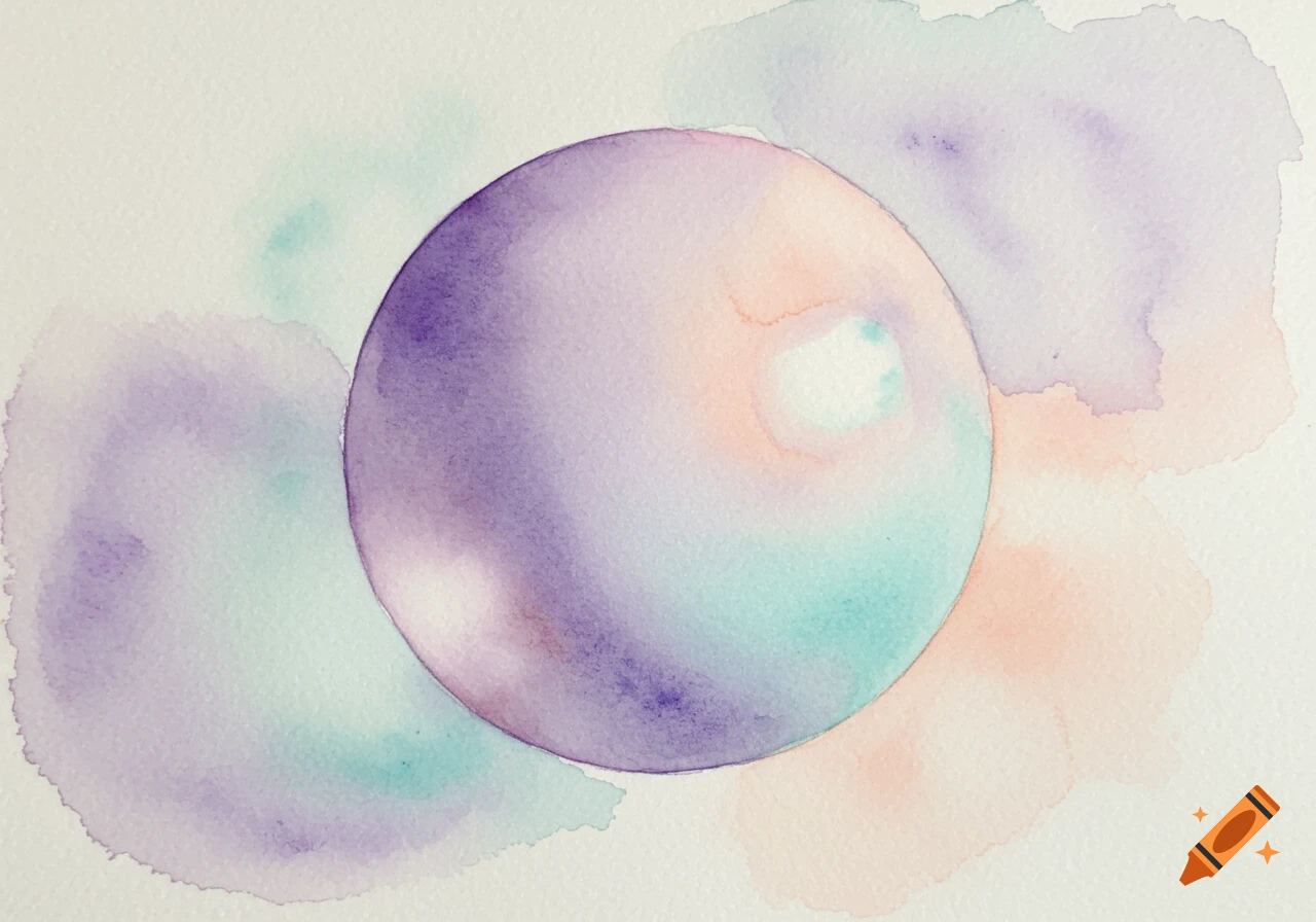 A soft watercolor painting of a translucent sphere in shades of purple, teal, and peach, surrounded by blended color splashes.