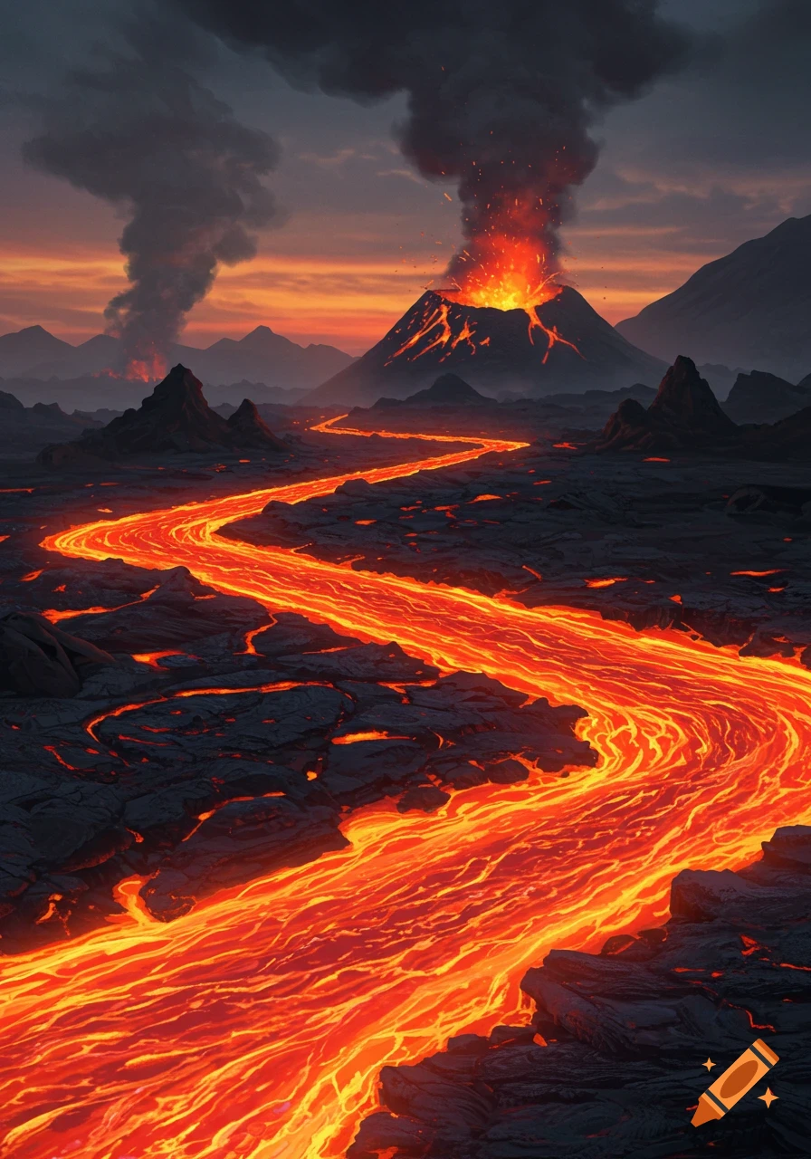 A dramatic, photorealistic view of a fiery orange lava river flowing from an erupting volcano under a dusky sky.