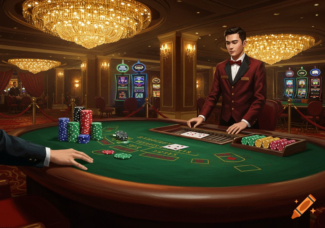 A stylized casino interior featuring a dealer and player at a baccarat table, surrounded by chips, cards, and slot machines.