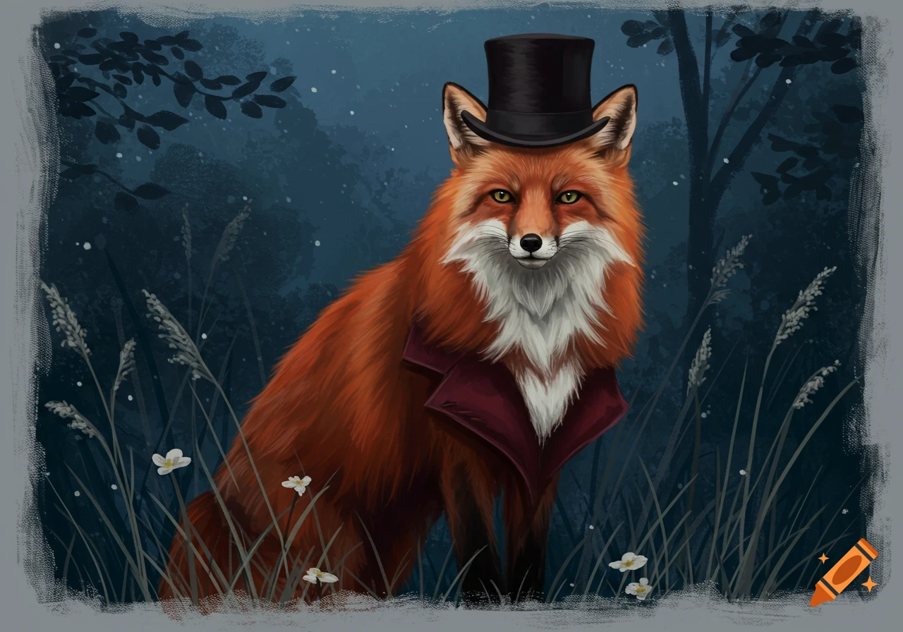 A red fox wearing a black top hat and a maroon coat, sitting in a dark forest at night, in an illustrated style.