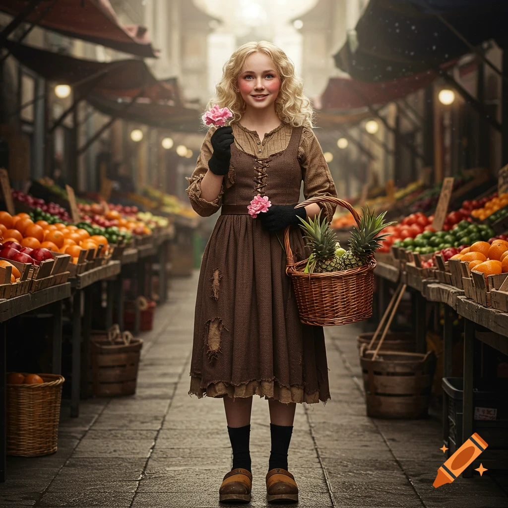 A blond woman with curls and red cheeks, wearing a tattered brown dress, black gloves, and wooden slippers, holds a pink flower and a basket of fruit in an old market.