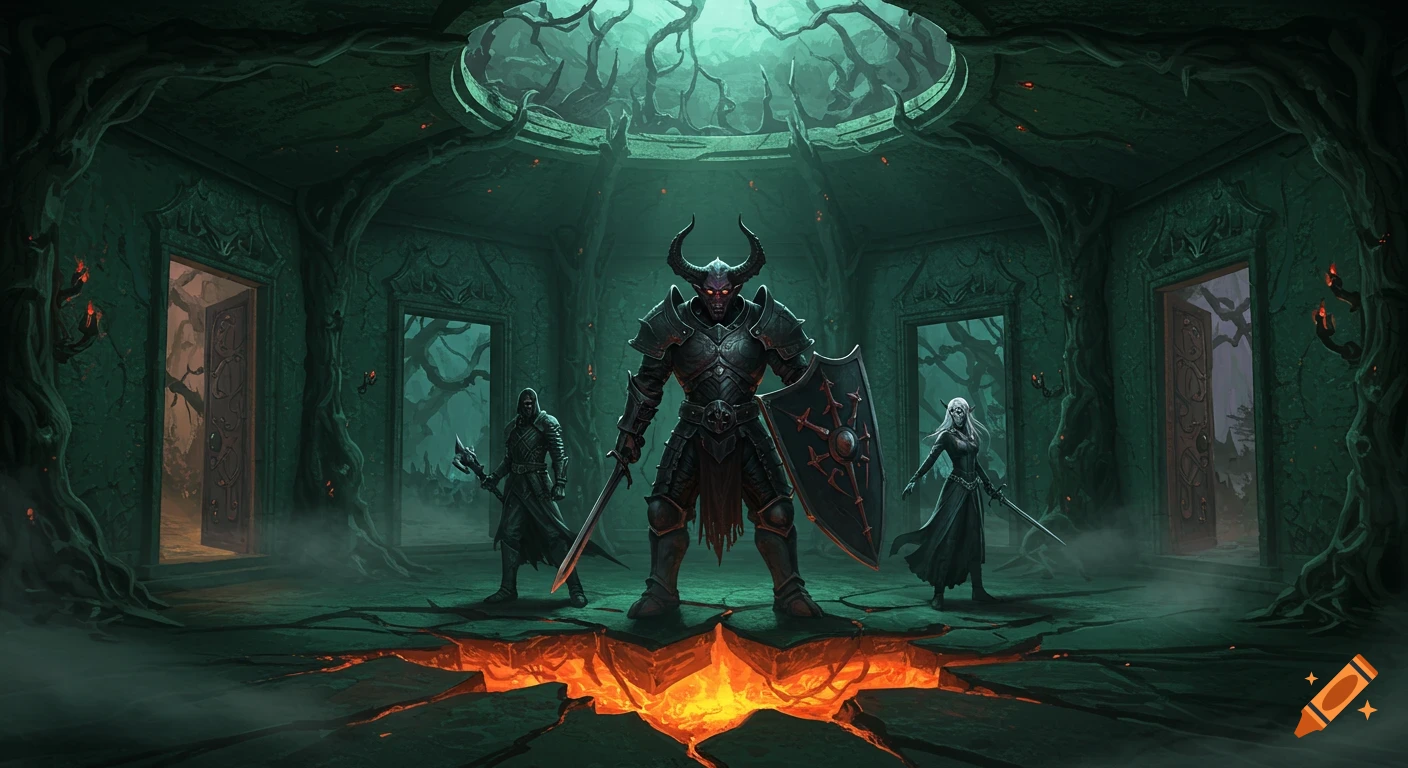 A horned demon, a dark armored fighter, and a drow priestess stand in an eerie, green-lit chamber with lava cracks.