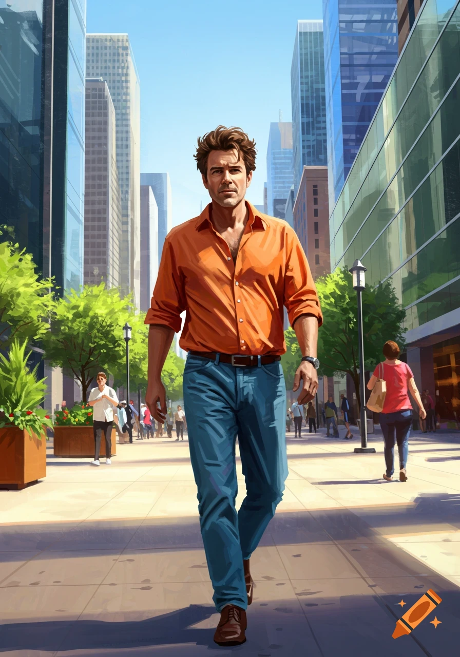 A man in an orange shirt and blue jeans walks confidently down a city street lined with tall buildings and trees in a digital art style.