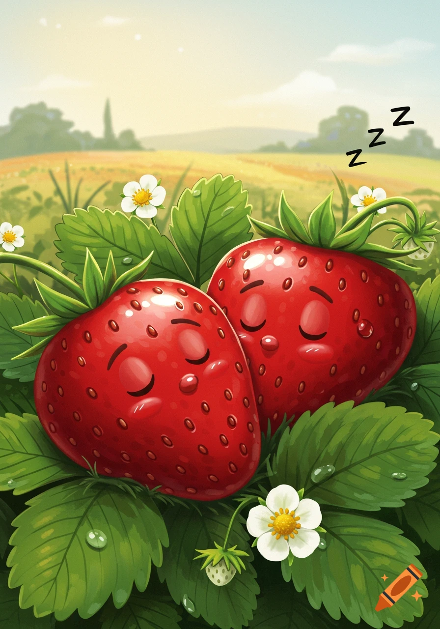Two whimsical, red cartoon strawberries with closed eyes appear to be sleeping peacefully in a lush green field with white flowers.