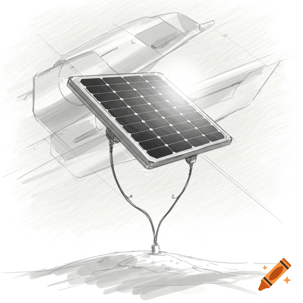 A realistic solar panel with wires on a mound against a faint, designer sketch background.