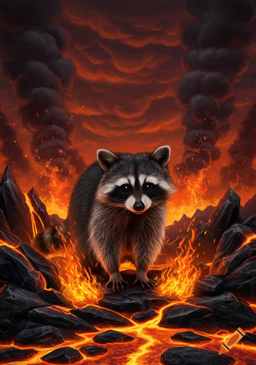A fluffy raccoon stands stoically in a fiery hellscape of glowing lava, dark rocks, and dramatic smoke plumes under an orange sky.