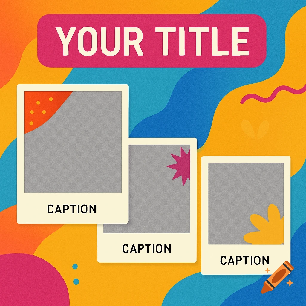 Vibrant social media template with a pink title bar 'YOUR TITLE', and three polaroid-style frames labeled 'CAPTION' on a colorful wavy background.
