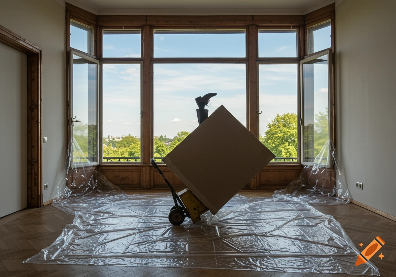 A man's shoed foot protrudes from an oversized cardboard box on a dolly in an empty room covered with painter's plastic, overlooking green trees.